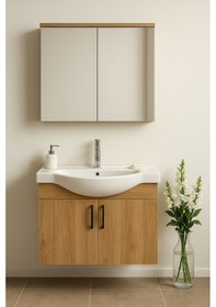 Resim Nova 80 Cm Mdf Ahşapi, Oval Seramik Lavabo, Banyo Dolabı Takımı Ahşap 