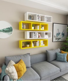 Resim Dekormer Design Duvar Rafı Yatay Kitaplık Mobilya Hediye Rafı Beyaz Sarı 4 Lü Takım 