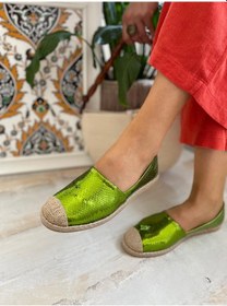 Resim Günlük Kadın Metalik Hasır Detaylı Kadın Espadril Yeşil 