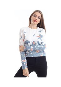 Resim Kadın Beyaz Çiçek Desenli Yarım Crop Sweatshirt Beyaz 