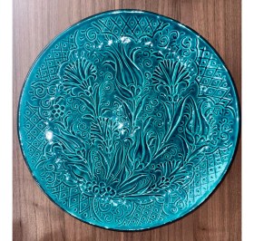 Resim Mugusa Hediyelik El Yapımı Çini Seramik Kabartma Desenli Rüzgargülü Modeli Turkuaz / Yeşil Kahvaltılık - Çerezlik 