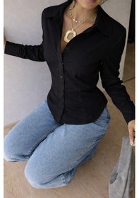 Resim Kadın Premium Gömlek Slim Fit Uzun Kollu Şık Ofis Günlük Kombin Basic Klasik Gömlek Siyah 