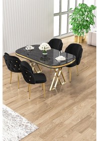Resim Canisa Zae Serisi 90x168 Lak Panel Siyah Mermer Desen Gold Ayak Masa Takımı 4 Siyah Sandalye Siyah Mermer Desen Masa, Siyah Sandalye 