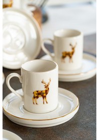 Resim Heda Porselen Geyik 12 Parça 6 Kişilik Porselen Kahve Fincan Takımı Kırık Beyaz 