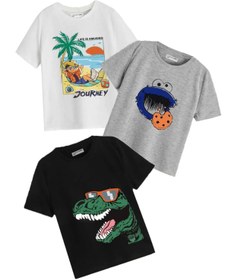 Resim Keywest Kids Beyaz Plaj Journey ,dinazor Ve Kurabiye Canavarı Baskılı 3'lü Oversize Çocuk T-shirtü Seti 