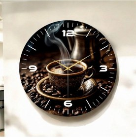Resim Koyu Renkli Baskı Kahve Fincanı Desenli Sayılı Hediyelik Ahşap Sessiz Duvar Saati 50cm ÇOk Renkli 