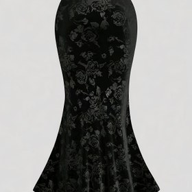 Resim Şık Siyah Kadife Çiçek Desenli Denizkızı Etek - Yüksek Bel, Vücut Şeklinde, Buruşuk Detaylı, Bahar/Yaz/Sonbahar İçin Çok Yönlü, Resmi Etkinlikler İçin Mükemmel, Resmi Etkinlik Kıyafeti|Çiçek Desenli Etek|Kadife Dokulu 