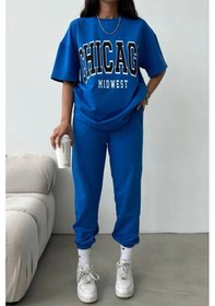 Resim Chicago T-shirt Eşofman Altı Jogger- Mavi Baskılı Alt Üst Eşofman Takımı Oversize Bisiklet Yaka Mavi 