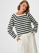 Resim Siyah Beyaz Çizgili Fermuar Detaylı Ekru Triko Kazak 