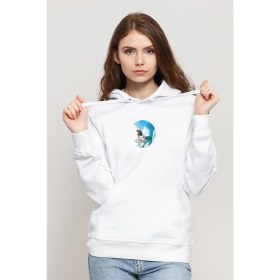 Resim Qivi Kiss Surfing Sport Hotel Waikiki Beach Baskılı Beyaz Kadın Örme Kapşonlu Sweatshirt Uzun Kol 