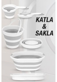 Resim 4'lü Set - 90 Lt İki Bölmeli Kirli Çamaşır Sepeti Katlanabilir Sepet Akordiyon Su Kovası Maşrapa Gri Gri 