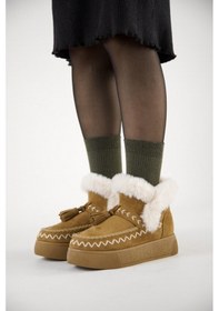 Resim 219851142-11p Kadın Yumuşak Rahat Kürklü Bot - Tekstil Süet Kışlık Taba Bot Taba 