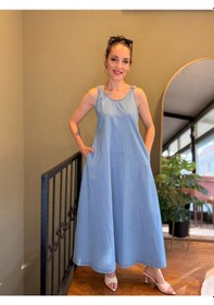 Resim Ali Butik Açık Mavi Askıları Lastikli Tensel Elbise 