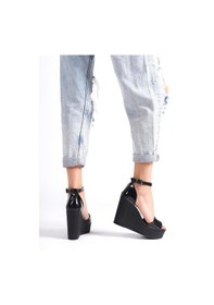 Resim Preshley Kadın Verla Tek Bant Yüksek Dolgu Taban Ayakkabı-Siyah Rugan 