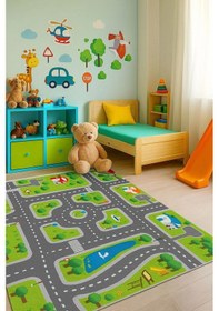 Resim Yeşil Renk Şeritli Yol Çocuk Odası Oyun Halısı Yeşil 