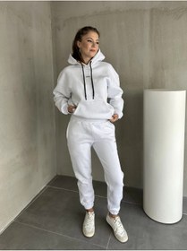 Resim asfamoda Kadın Beyaz Üç İplik Şardonlu Kapşonlu Sweat Eşortman Takımı 