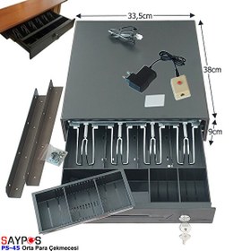 Resim Saypos PS45 Orta Boy Para Çekmecesi 4 Banknotlu Açma Butonlu ve Montaj Askılı (Takım) 33.5x38x9 CM 
