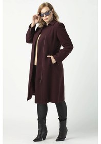 Resim Moda Berray 928 Mürdüm Ön Kol Fermuar Detaylı Büyük Beden Kaşe Kaban Mürdüm 
