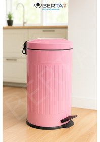 Resim Vintage Krem Çöp Kovası Amortisörlü Kapak Çizgili Lüks Model 16lt Pembe 