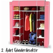 Resim Holtech Çift Yandan Raflı Plastik Profilli Bez Dolap Kumaş Gardırop 2 Adet Pembe 