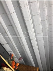 Resim Tül Perde Square Desen Kareli Çizgili Etek Kurşunlu Düz Tül Ekru 