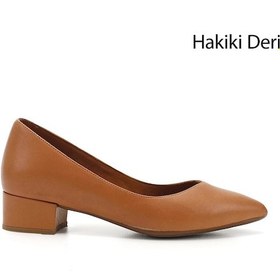 Resim Gönderi R Açık Taba Kısa Kalın Topuklu Hakiki Deri Ayakkabı Açık Taba 