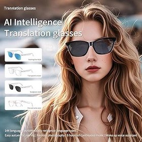 Resim AI Akıllı Gözlük, Kablosuz Bluetooth Mikrofon Ve Hoparlör Destekli Gerçek Zamanlı Çeviri Gözlükleri Uzaktan Fotoğrafçılık Ses Kontrolü Açık Kulak Hafif Gözlük (V Stil Siyah Çerçeve Güneş Gözlüğü) 