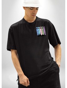 Resim Dubai Şehir Silüeti Renkli Şehir Siyah Oversize Unisex Ön Sol Yan Minimal Baskılı Tişört Koyu Siyah 