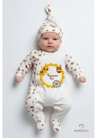 Resim Babyden's Teyzesinin Balı Yazılı Yenidoğan Bebek Tulumu Şapka Seti Arı Desenli %100 Pamuk Çıtçıtlı Bebek Tulum Ekru 