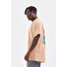 Resim Nemere Bisiklet Yaka Baskılı Oversize T-Shirt - Bej 