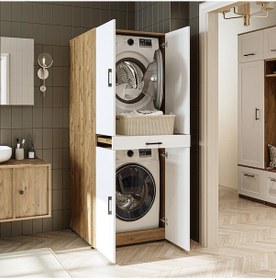 Resim Banyo Dolabı Kapaklı Çamaşır Ve Kurutma Makinesi Dolabı 70x185 Cm Atlantik Çam - Beyaz 