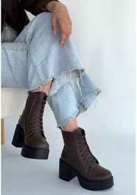 Resim Tsan Kahverengi Cilt Bağcıklı Topuklu Bot Çok Renkli 