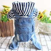 Resim Köpek Dungareeleri - Küçük ila Orta Irklar için Çizgili Hoodie, Kapatma Butonu, Dokuma Polyesterli, Kot Pantolonlu Köpek Kostümü 