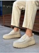 Resim Pabucmarketi Bağcıklı Keten Erkek Günlük Ayakkabı Krem Krem Taban Renkli 