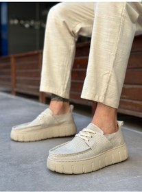 Resim Pabucmarketi Bağcıklı Keten Erkek Günlük Ayakkabı Krem Krem Taban Renkli 