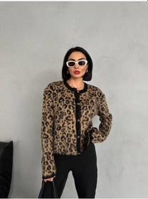 Resim Leopar Desenli Şardonlu Düğmeli Hırka-475 Kahverengi 
