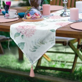 Resim Beyaz Zeminli Yeşil Yapraklı Ortanca Çiçek Dijital Baskılı Özel Tasarım Püsküllü Şönil Üçgen Runner 