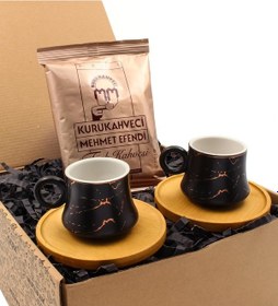 Resim Bambu Tabaklı Siyah Mermer Desenli Porselen Fincan Takımı & Mehme (547254488) 