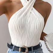 Resim Kadınların Altın Tokalı Beli ile Beyaz Kıvrımlı Straplez Üstü - Rahat, Tüm Mevsimler İçin Moda, Rahat Kıyafet|Straplez Üst|Kıvrımlı Dokulu 