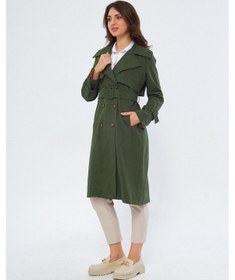Resim Pastelastore %100 Pamuk Gabardin Uzun 110cm Astarlı Kemerli Kadın Trençkot 1111 Koyu Haki 