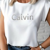 Resim Kadınlar İçin Calvin Yazılı Baskı Rahat Kesim Yuvarlak Yaka Batwing Kollu Tişört - İlkbahar Yaz Sonbahar için Beyaz Plus Beden Makinede Yıkanabilir Üst, Kısa Kollu Bluz, Orta Esneklikli Kumaş, Şeffaf Olmayan Malzeme, Mevsimsel Moda, Bol Kesim Bluz, Konforlu Bluz, Desenli Bluz, Trendy Üstler 