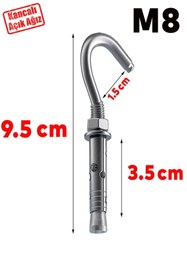 Resim Badem10 Kancalı Çelik Dübel M8 Salıncak Boks Torbası Avize İçin Gömlekli Açık Ağız Kanca 5 ADET 