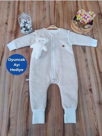 Resim Tomuycuk Kışlık Bebek Çocuk Uyku Tulumu %100 Pamuklu Fermuarlı Ayaklı Uyku Arkadaşı 1 -2 2-3 3-4 Yaş Bej 