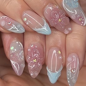 Resim 24 Adet Fransız Badem Yapıştırma Tırnak Seti, Mavi ve Pembe Degrade 3D Çizgiler ve Çiçek Kelebek Tasarımı, 1 Jel ve Tırnak törpüsü ile Çıkarılabilir Sahte Tırnaklar, Kadınlar ve Kızlar için Parlak Kaplama 