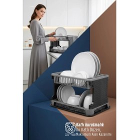 Resim Transformacion 2 Katlı Rattan Dokulu Lüks Bulaşıklık - Kirli Beyaz & Siyah Bulaşık Sepeti 722816 