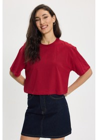 Resim Tudors Kadın Slim Fit Dar Kesim Pamuk Kısa Kollu Bisiklet Yaka Bordo Crop Tişört-50468 L 