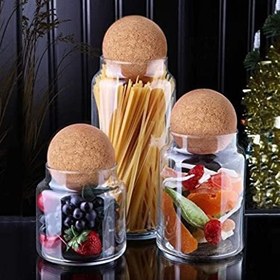 Resim 6 Parça 3 Boy 2600 ml Top Mantar Kapaklı 3'lü Cam Kavanoz ve Baharatlık Seti Cam Saklama Kabı 