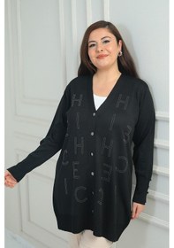 Resim By Saygı Kadın Kolları Düğme Detaylı Taş Harf Baskılı Soğuk İplik Büyük Beden Hırka-41826 Siyah 