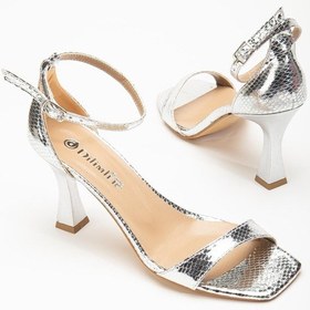 Resim Büyük Numara Tek Bant Yılan Baskılı Rugan Gümüş Kadın Topuklu Sandalet-2978-gümüş Gümüş 