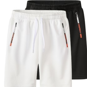 Resim 2 Adet Erkek Günlük Outdoor Şort - Yazlık Fermuarlı Cepli, Minimalist Çok Cep Tasarımı, Koşu, Fitness ve Seyahat İçin %100 Polyester Kumaş, İp Bel Bandı, Makinede Yıkanabilir, Pürüzsüz Kumaş, Büyük Beden, Spor Pantolon, Ona Hediye 